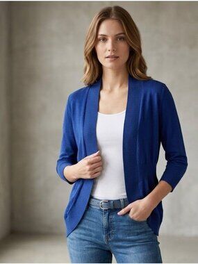 Verve Ami Open Cardigan Size Small Blue Elastic Fitted Waist Knit